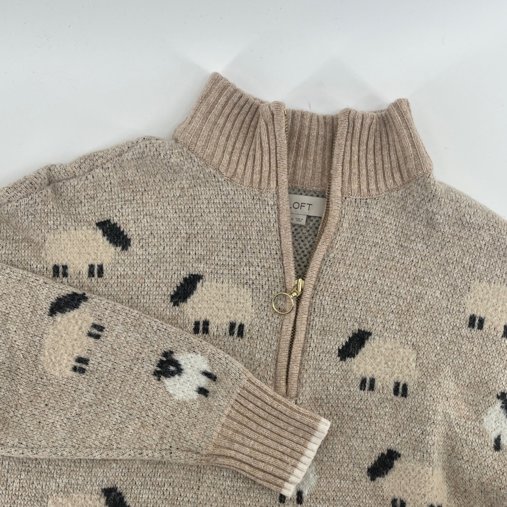 Loft Womens Sheep Intarsia Quarter Zip Sweater Beige Wool Blend Size M